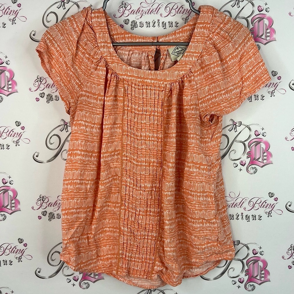 St. John's Bay tshirt tee Aztec boho ruffle pleated crochet Orange Blouse